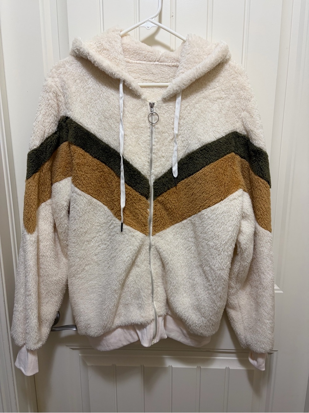Cozy Chevron Zip-Up Hooded Sweater Jacket - Cream with Olive & Brown